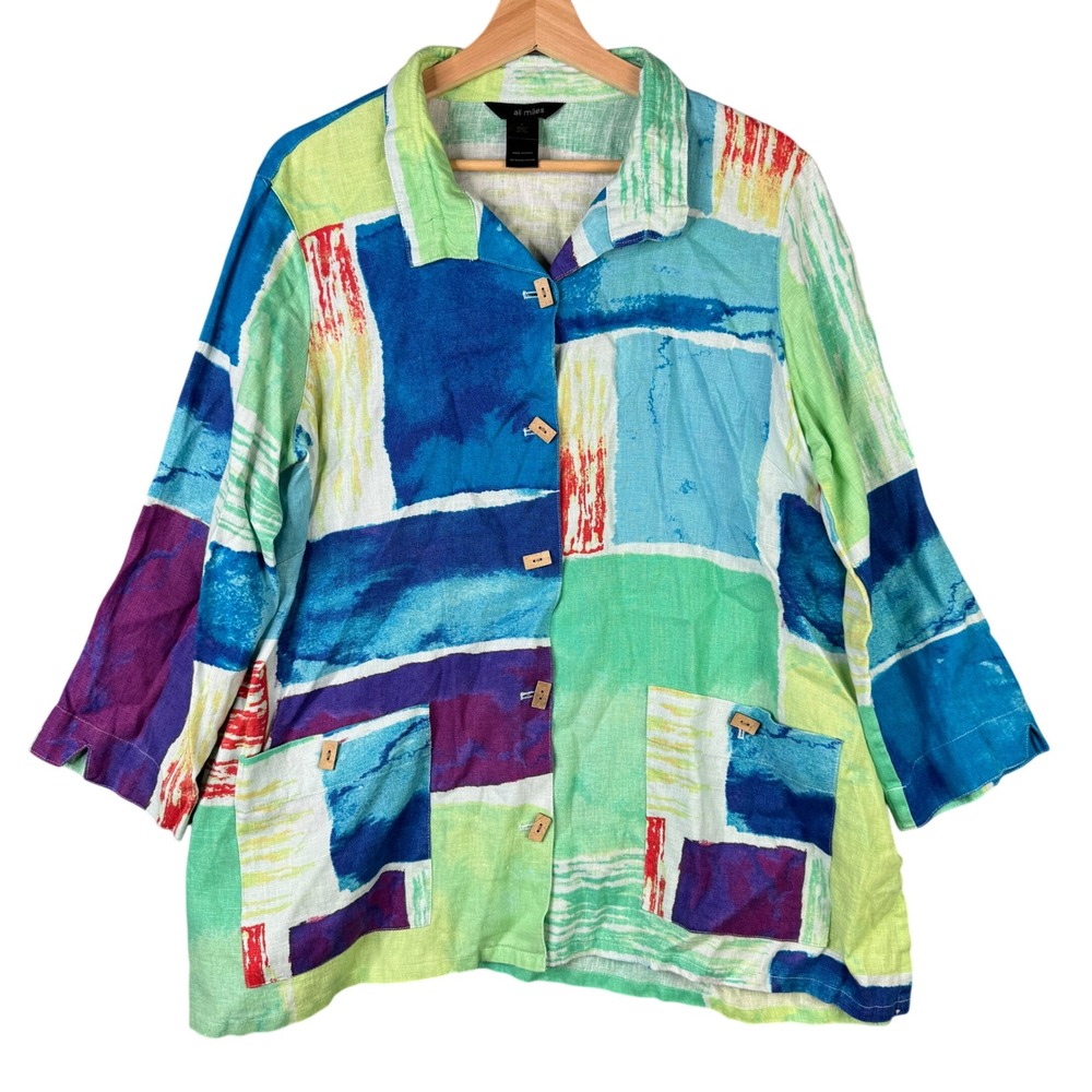 Ali Miles 100% Linen Abstract Colorblock Button Down Shirt Large Wood Buttons